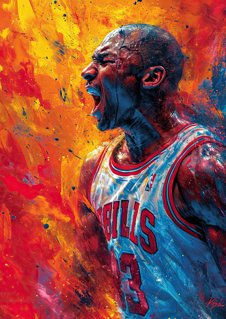 Colorful painting of a Chicago Bulls player yelling, wearing a white jersey with red trim.