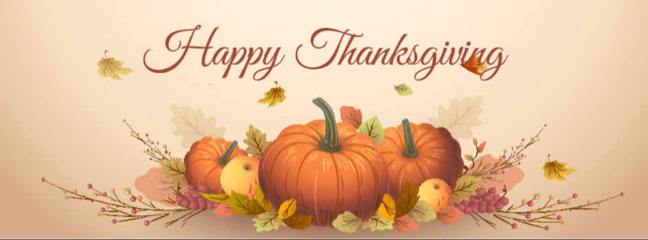 Happy Thanksgiving image with pumpkins and leaves