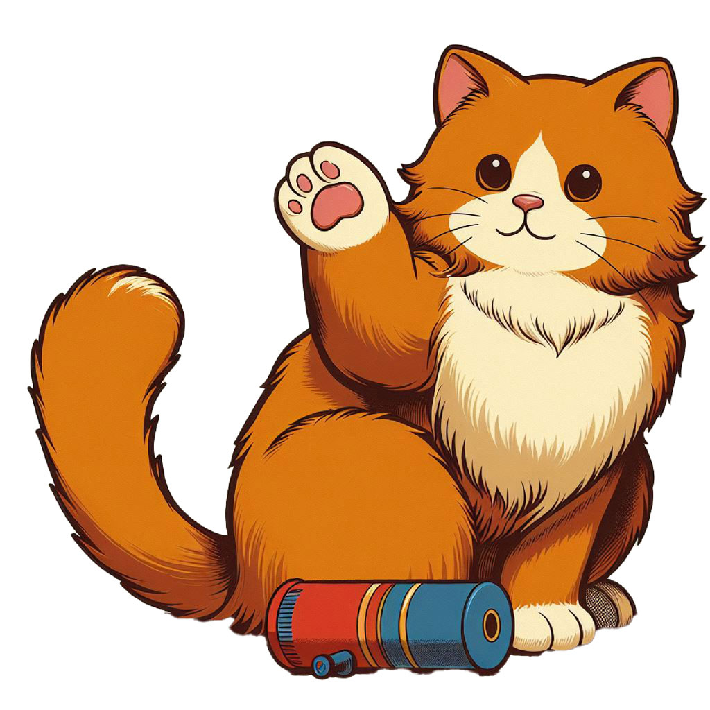 A cartoon orange tabby cat with green eyes and brown markings sitting and looking forward.