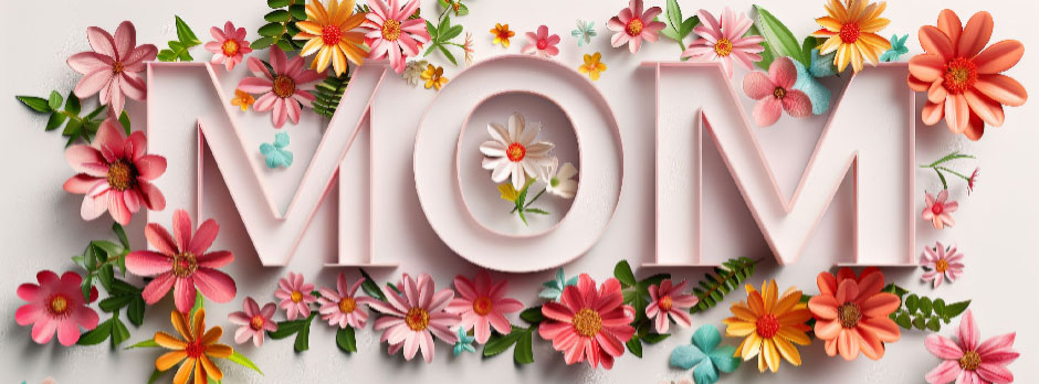 The word 'MOM' surrounded by colorful flowers