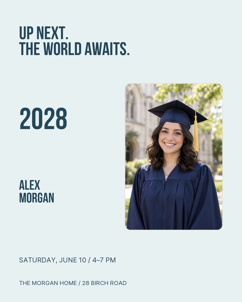 Minimal graduation portrait post with a graduate photo, Class of 2028 text, and event details.