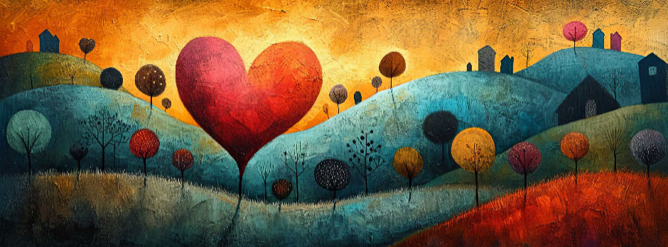 A stylized landscape with a large red heart and multicolored trees on rolling hills.