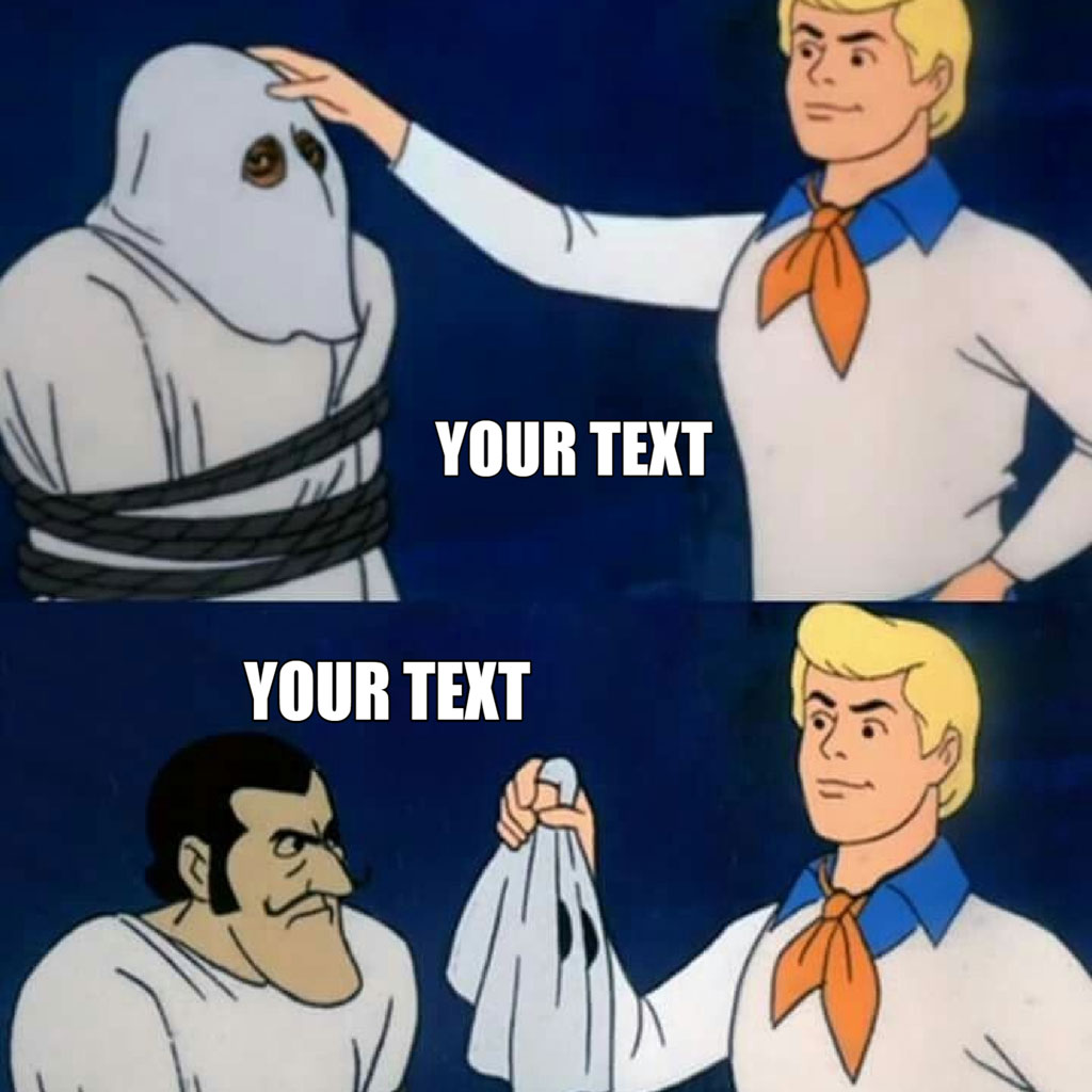 A two-panel meme featuring Fred Jones from Scooby-Doo uncovering a disguised character.