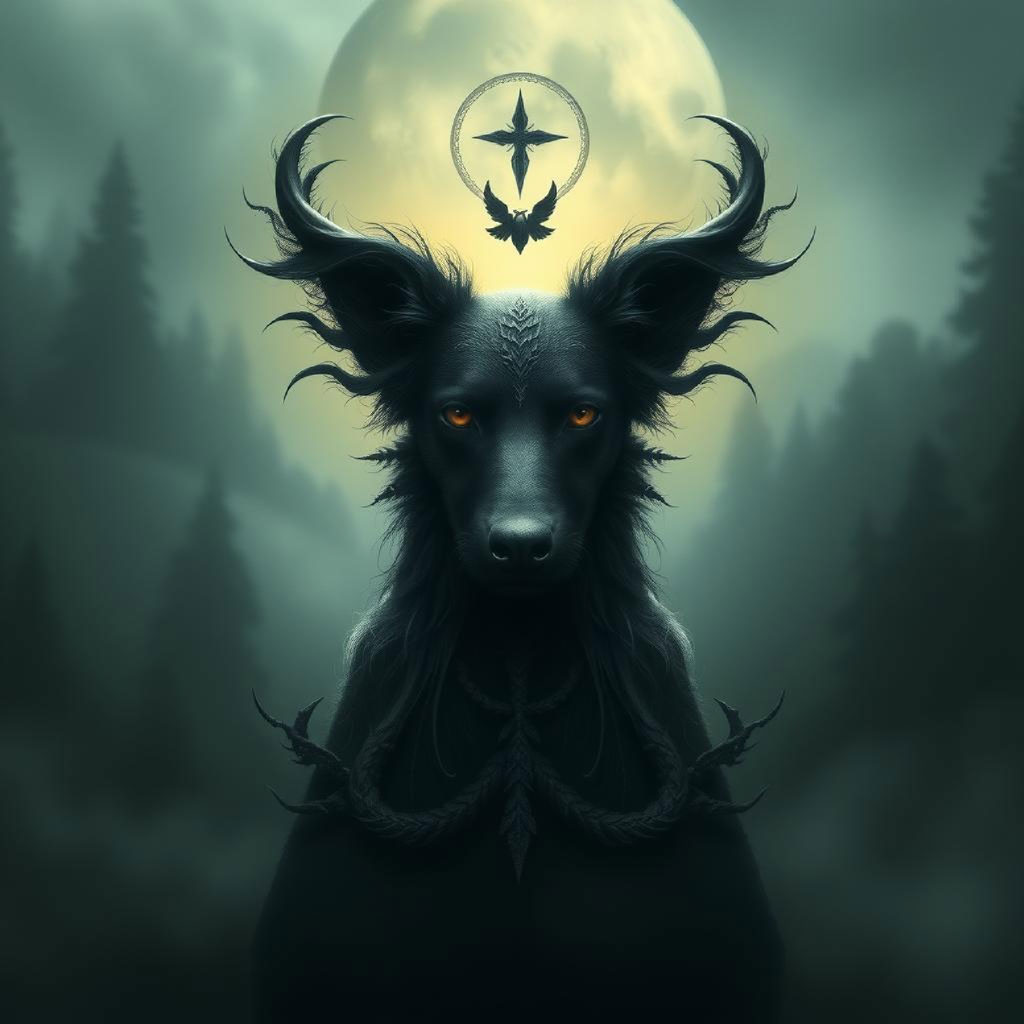 A dark figure with horns approaches a tower under a full moon surrounded by bats and barren trees.