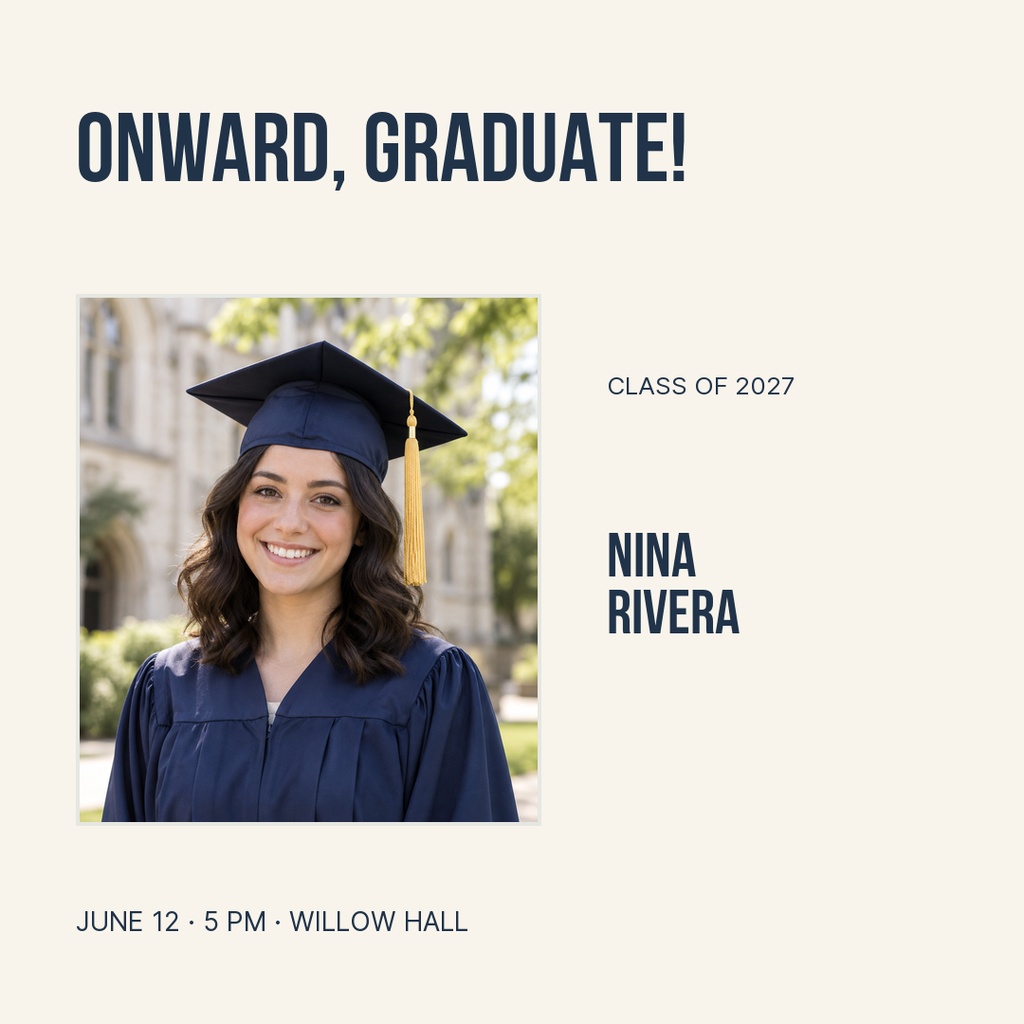 Square graduation post with a graduate portrait, Onward Graduate heading, Class of 2027, and event details.