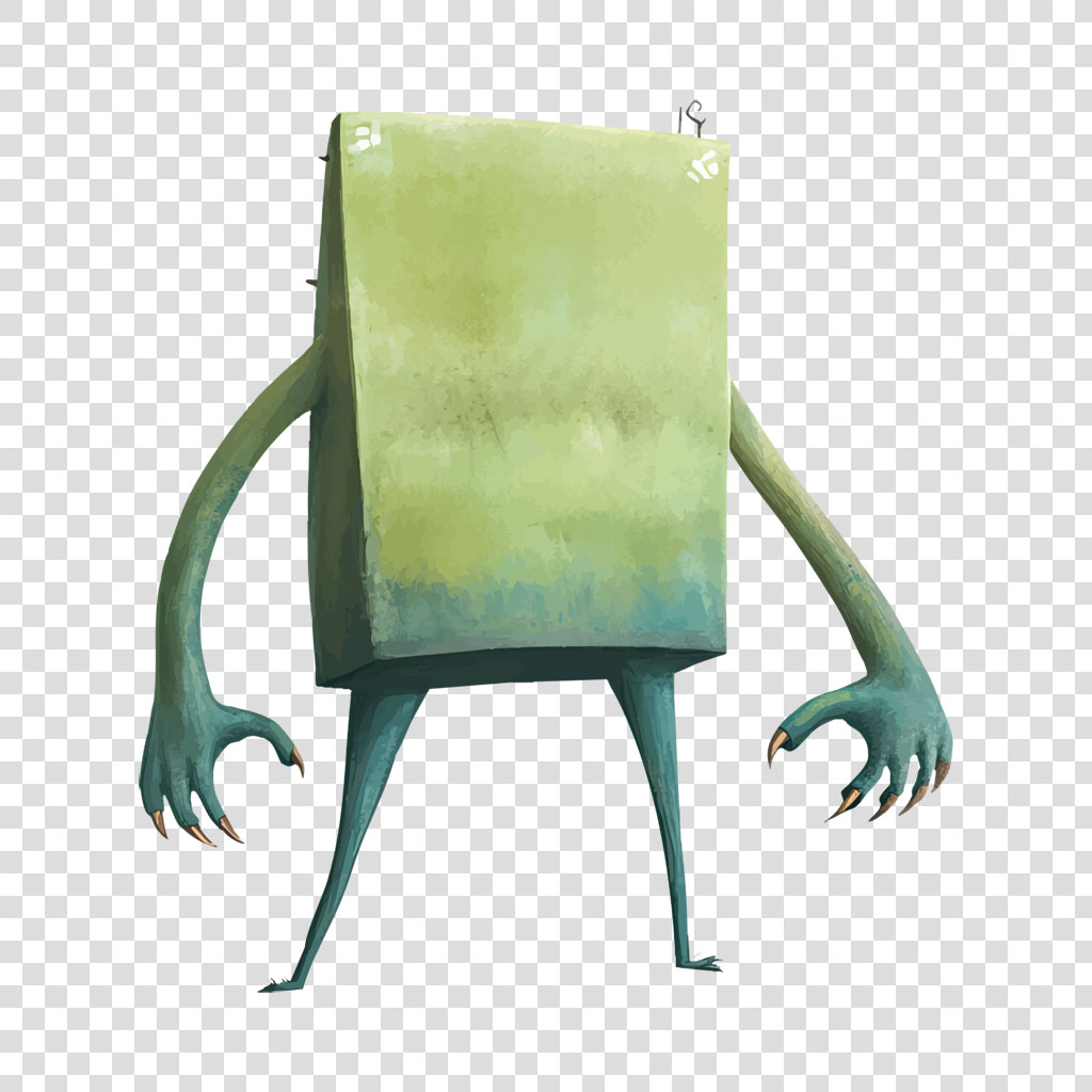 A cartoon-like creature with a green rectangular body and three legs.
