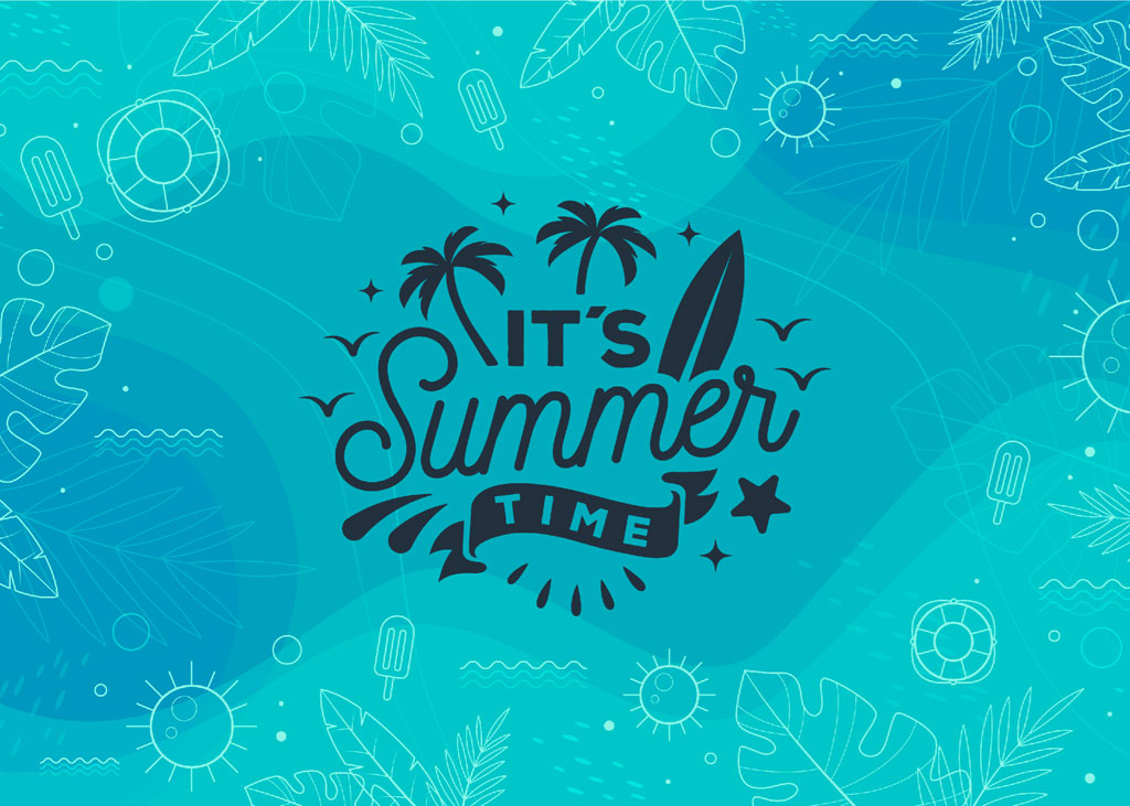 It's Summer Time graphic with beach-themed illustrations