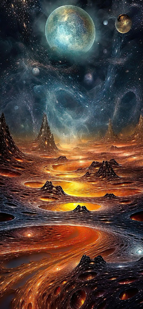 A surreal landscape with mountains, planets, and a vibrant orange sky.