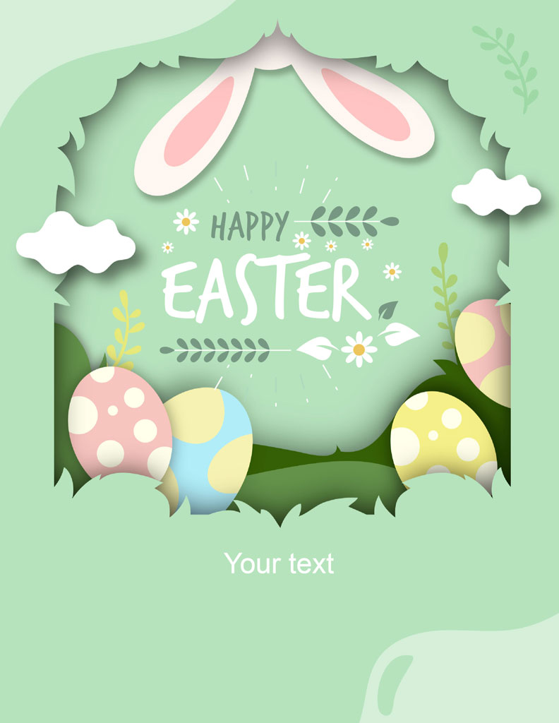Easter card with bunny ears and decorated eggs