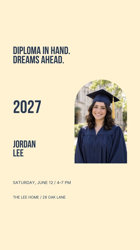Vertical graduation story template with a portrait of a smiling graduate in cap and gown.