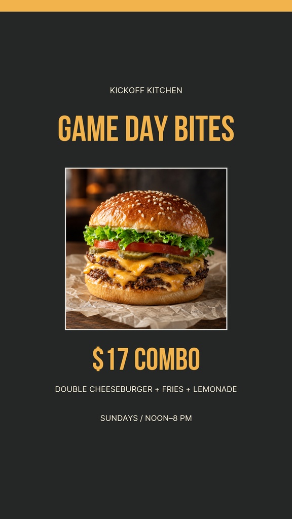 Portrait restaurant story template with a burger photo and Game Day Bites headline.