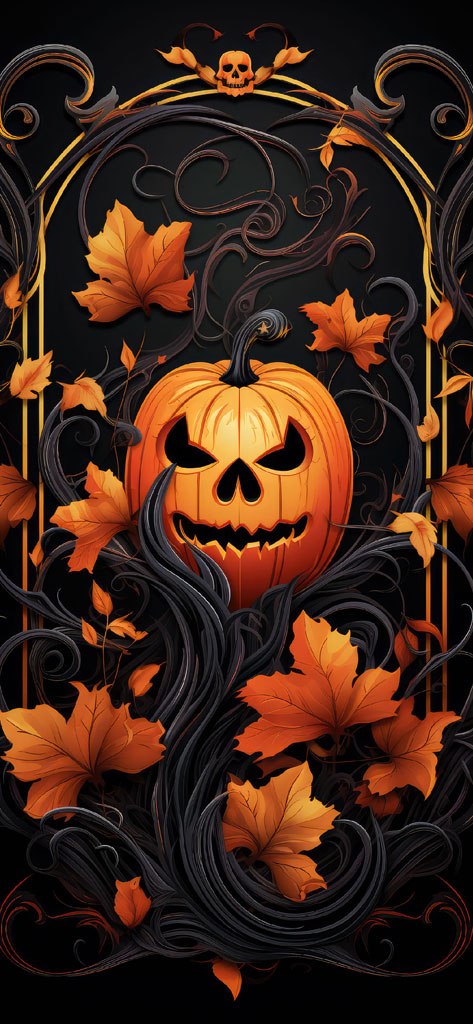 Halloween pumpkin surrounded by autumn leaves and ornate details