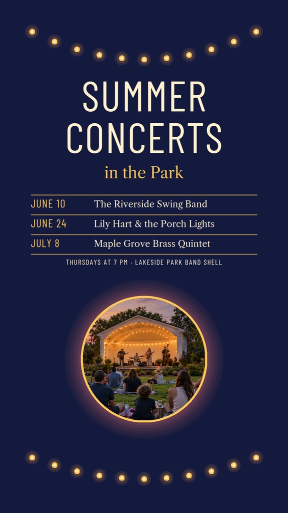 Portrait concert flyer with string lights, event dates, and a circular outdoor performance photo.