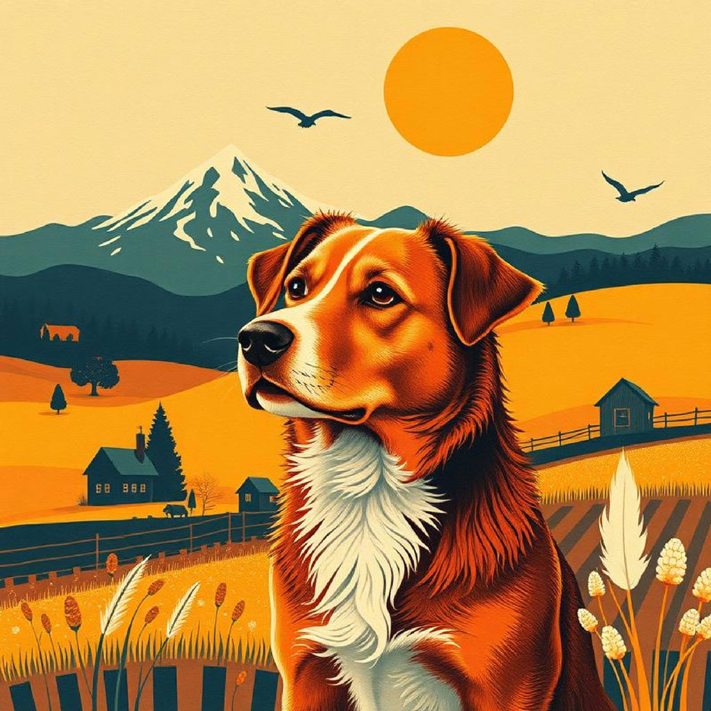 Illustration of a peaceful autumnal countryside with red houses and mountains