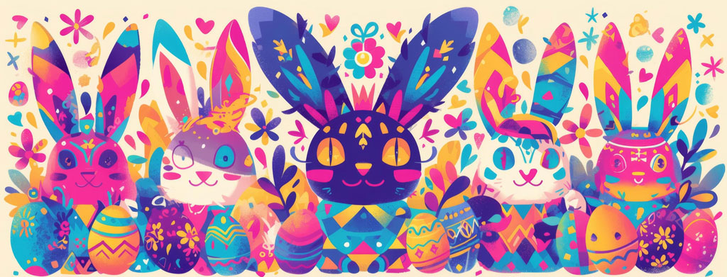 Colorful Easter bunnies and eggs illustration