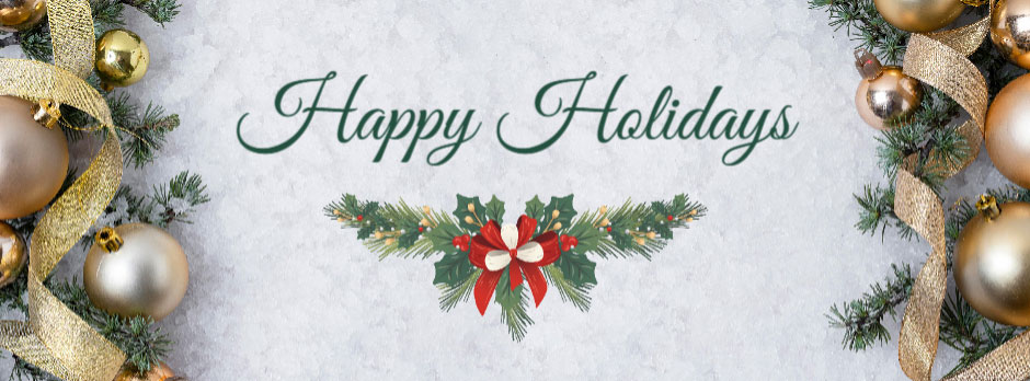 Happy Holidays greeting card with gold ornaments and red bow