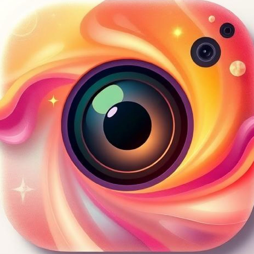 Colorful camera app icon with swirling patterns and multiple lenses