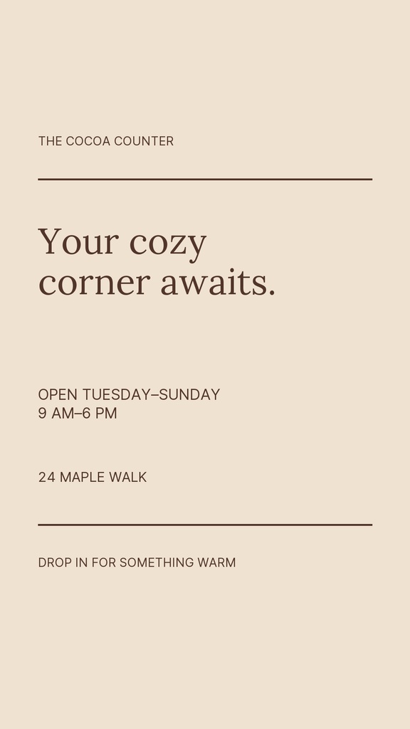Beige Instagram Story layout with cafe text and a cozy corner message.