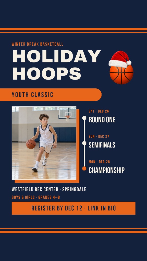 Portrait basketball tournament flyer with a young player, holiday hoops headline, and event details.