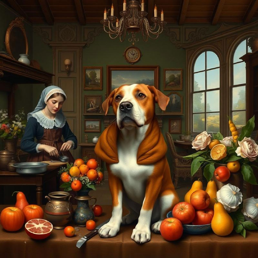 A brown and white dog sitting on a kitchen table with oranges, pears, and roses around it.