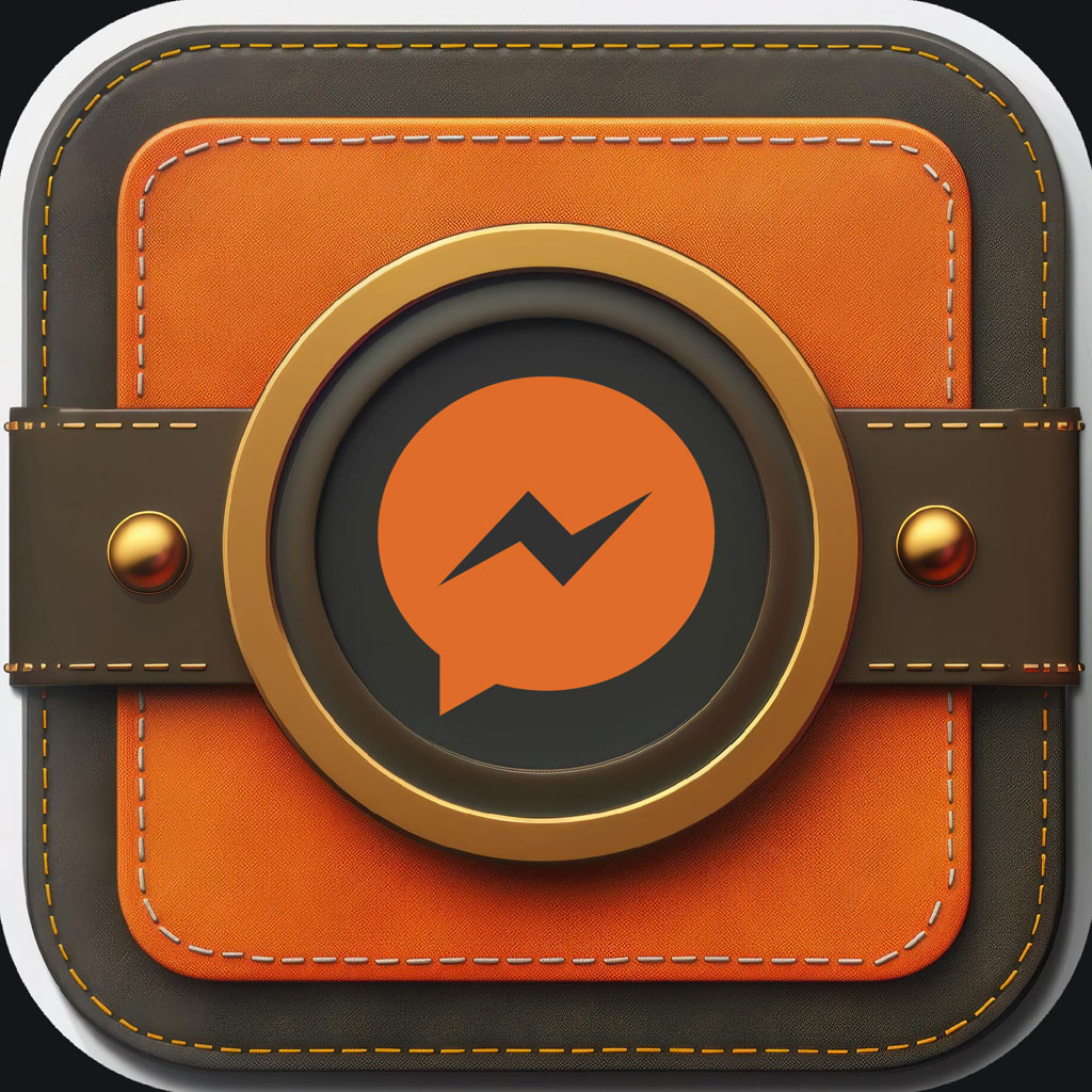 Messenger app icon with a leather-like design and a gold-rimmed speech bubble logo.