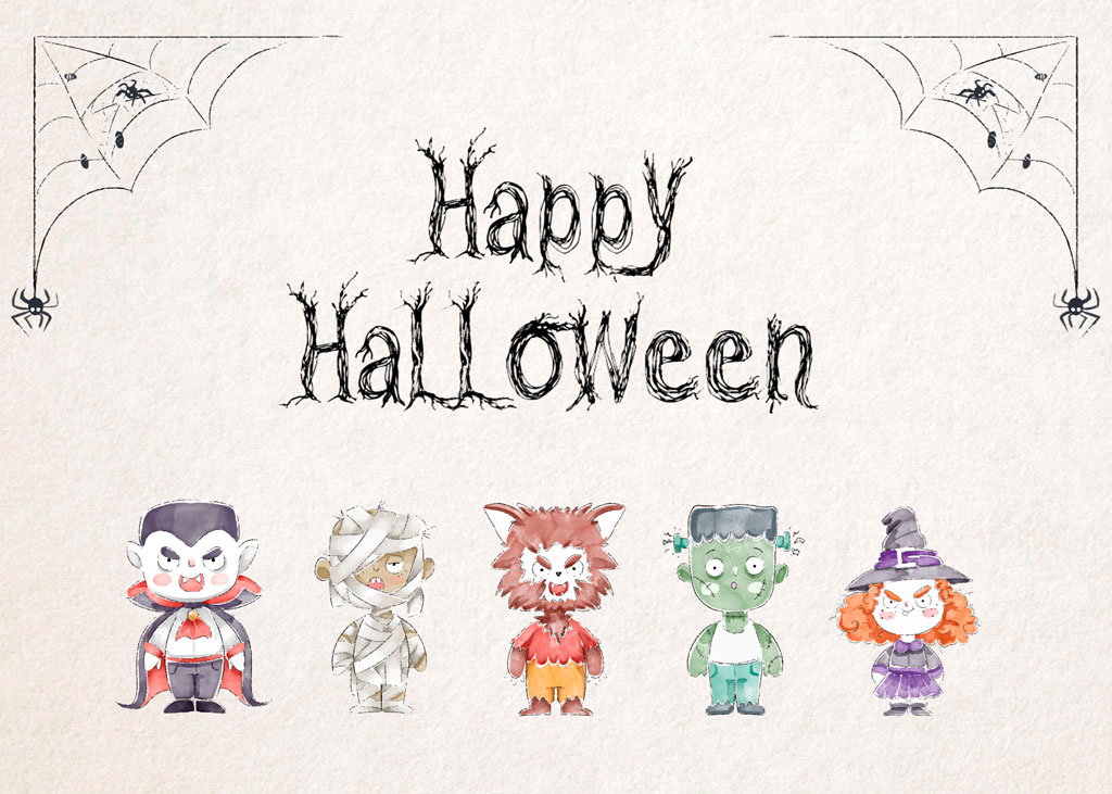 Happy Halloween greeting with cartoon characters
