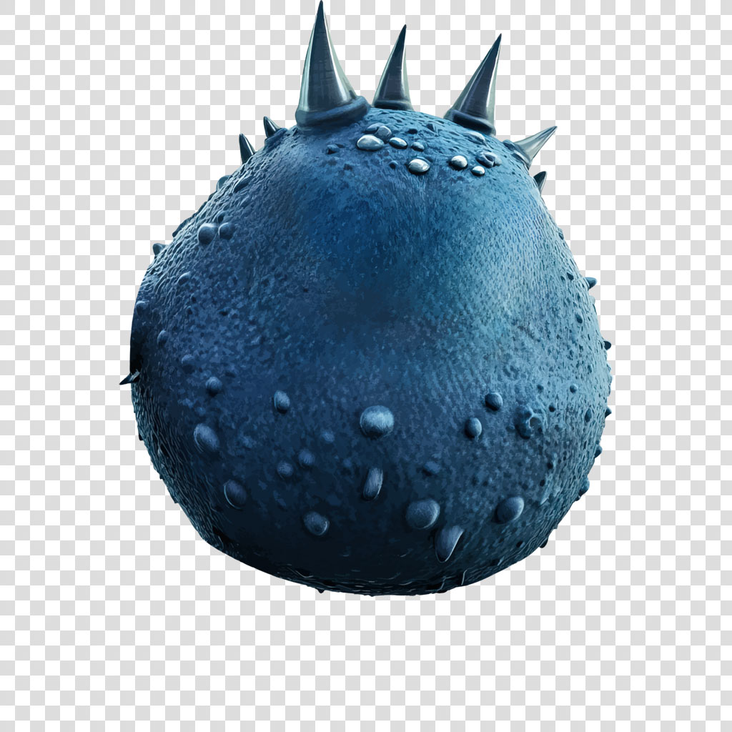 A dark blue sphere with spikes and bumps