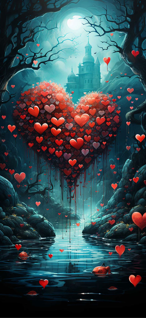 A digital artwork depicting a heart-shaped tree with numerous red hearts, set against a mystical landscape with a castle and a body of water