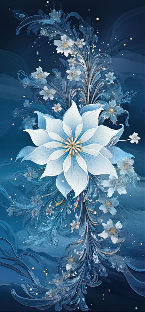 Digital illustration of a large blue flower with smaller white flowers and swirling patterns.