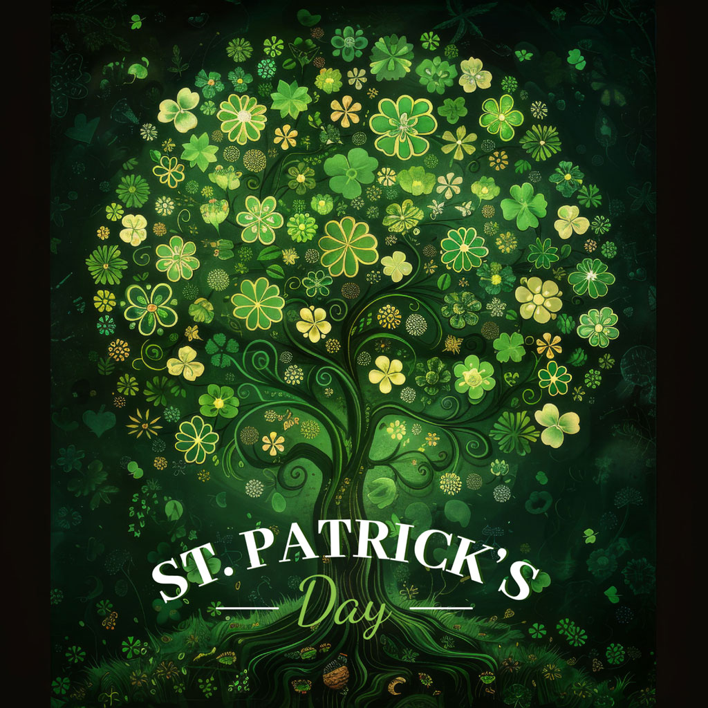 Stylized tree made of green shamrocks and clovers for St. Patrick's Day