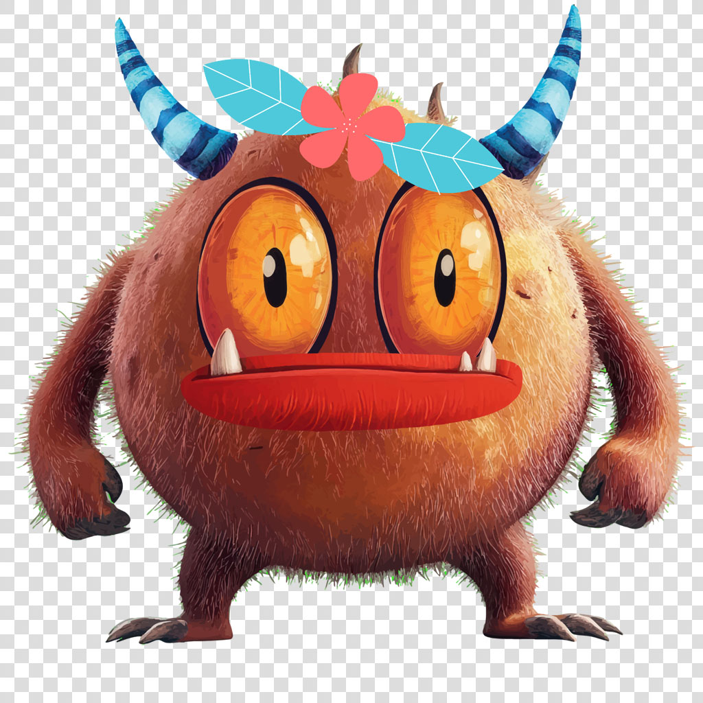 A cartoon monster with big orange eyes, blue striped horns, and a flower on its head
