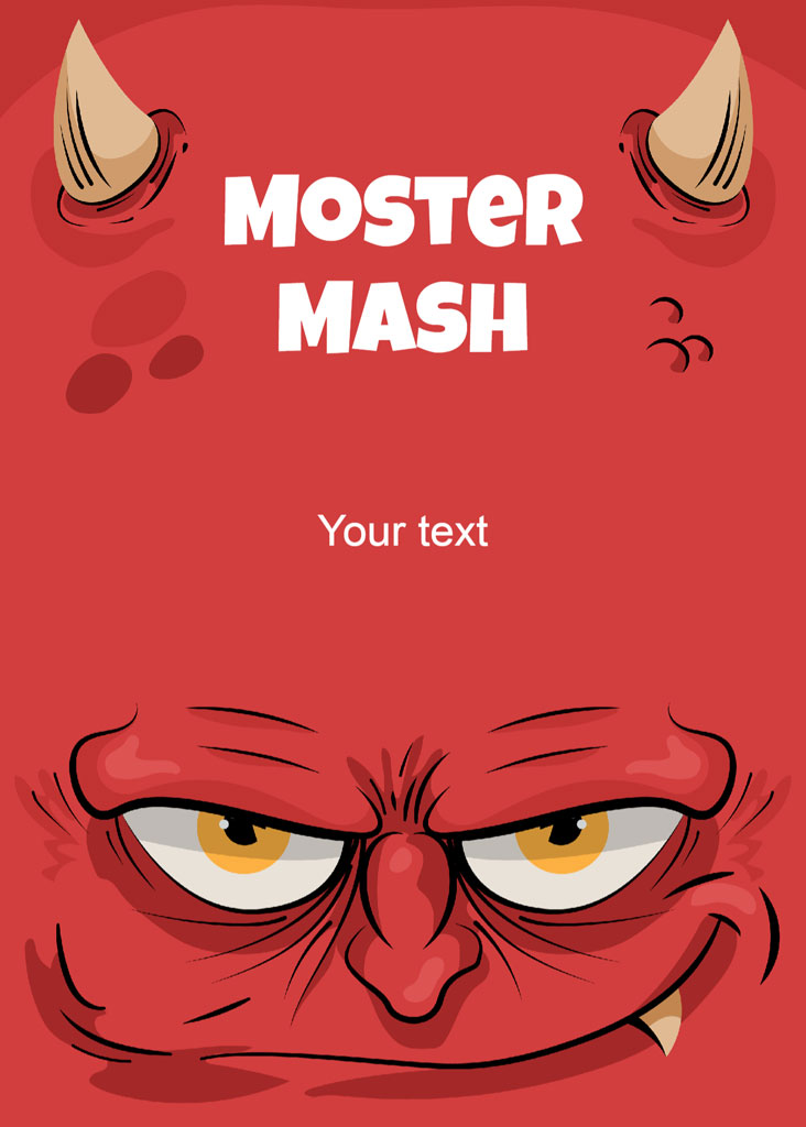 A cartoon red devil with horns and angry eyes.