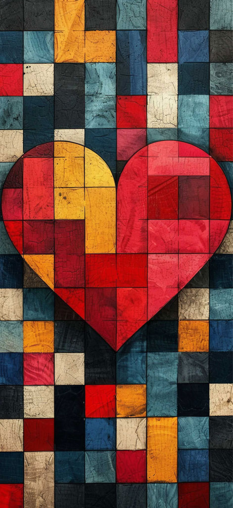 A heart shape formed by mosaic tiles against a background of similarly colored tiles.