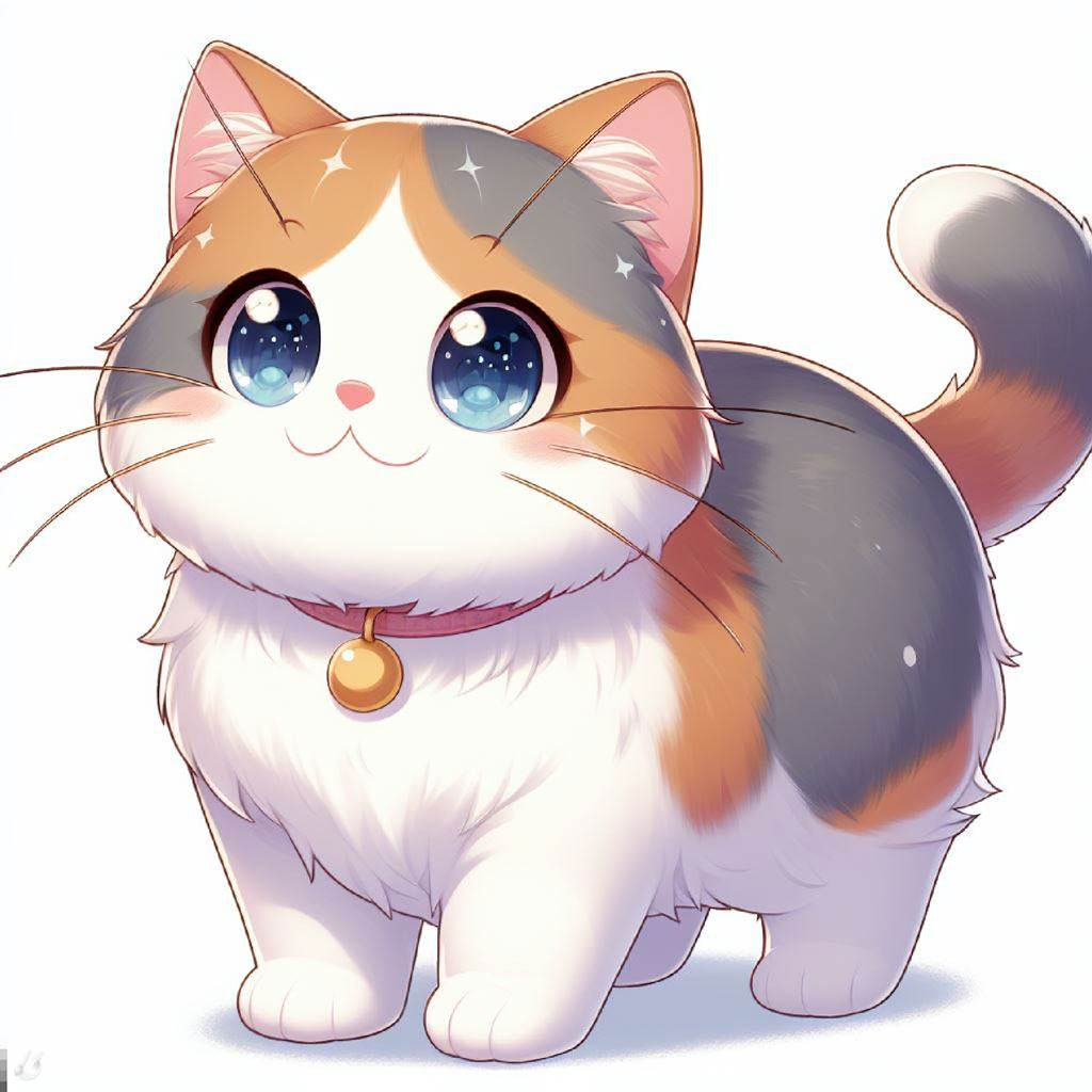 Illustration of a beige cartoon kitten with orange spots and big brown eyes