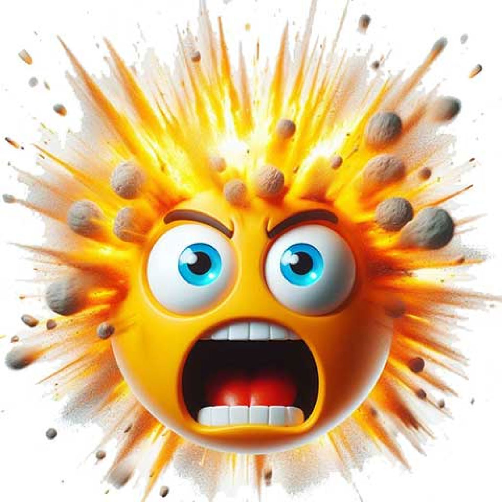 An exploding yellow emoji face with a shocked expression and blue eyes.