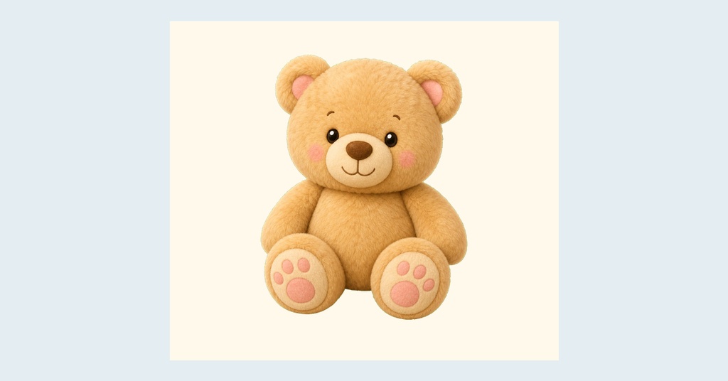 A plush teddy bear sitting on a soft cream background with pink paw pads.