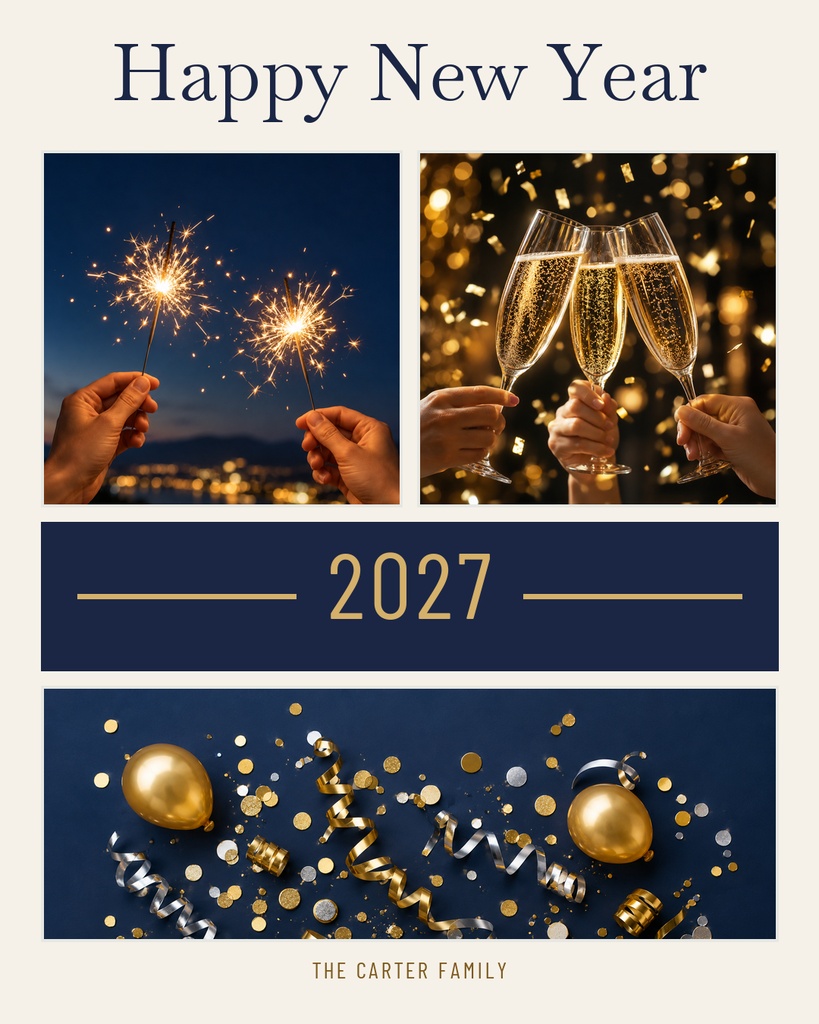 Portrait New Year card with fireworks, champagne glasses, and gold decorations around 2027.
