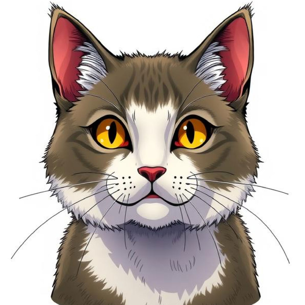 A close-up digital illustration of a brown and white cat's face with yellow eyes and pink nose.