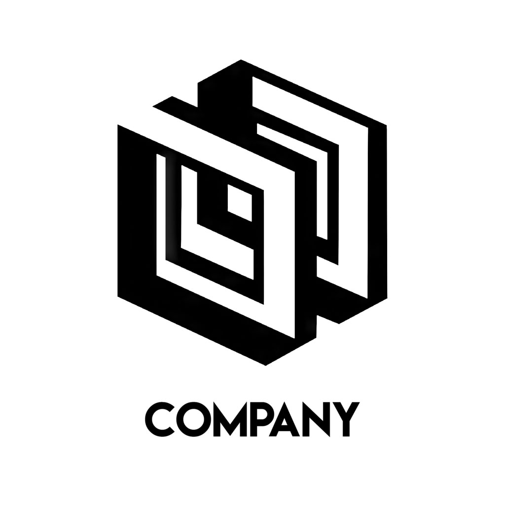 Stylized black and white cube logo for a company