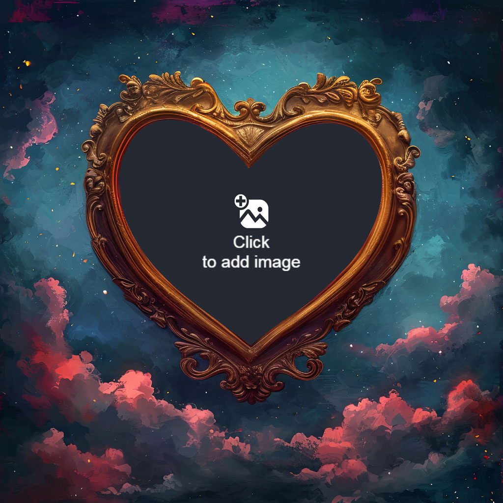 Ornate golden heart-shaped frame against a starry sky with pink clouds
