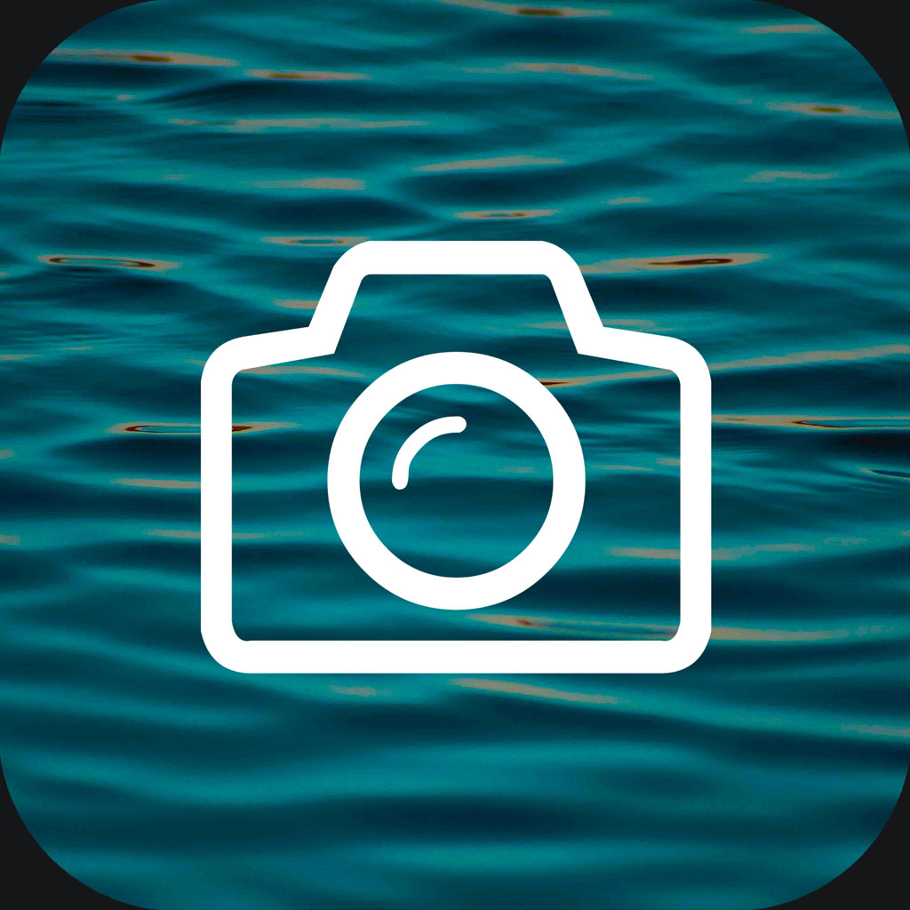 White camera icon on a blue water surface