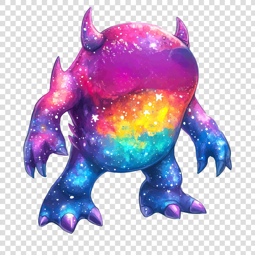 A cartoon monster with a galaxy-themed body, rainbow belly, and purple horns.