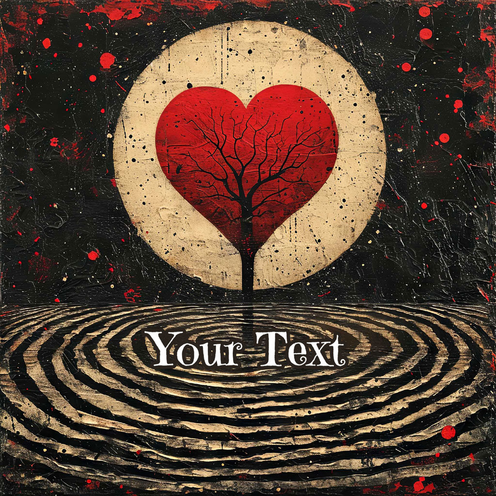 A red heart-shaped tree with bare branches against a distressed background.