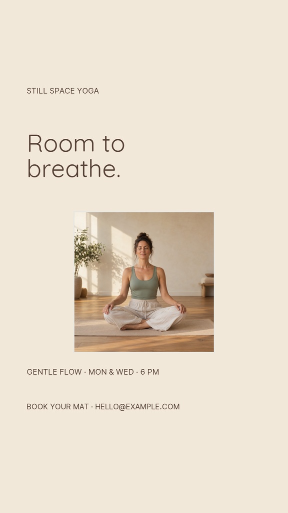 Minimal beige Instagram story with a seated woman in a yoga pose and text reading Room to breathe.