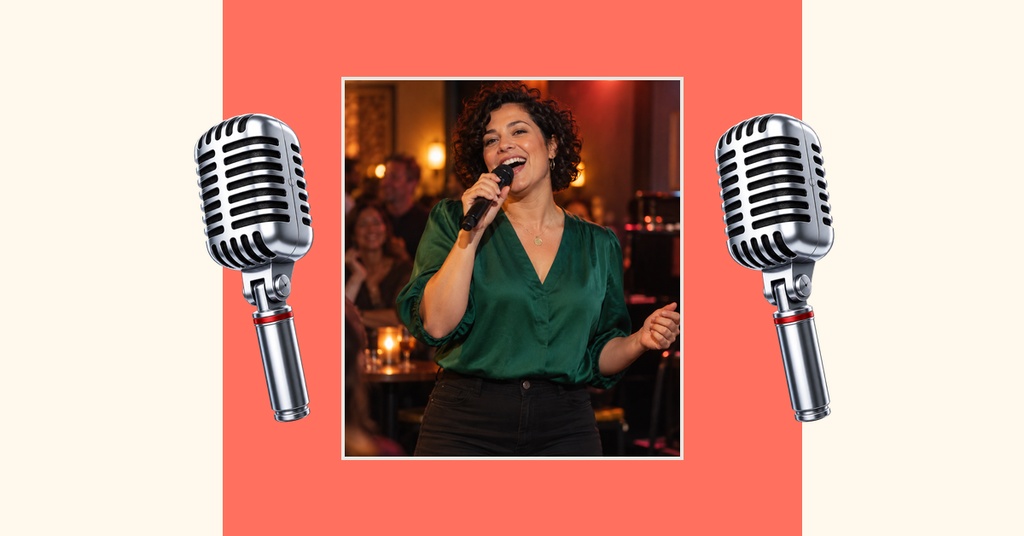A coral Facebook cover with a singer photo centered between two vintage microphones.