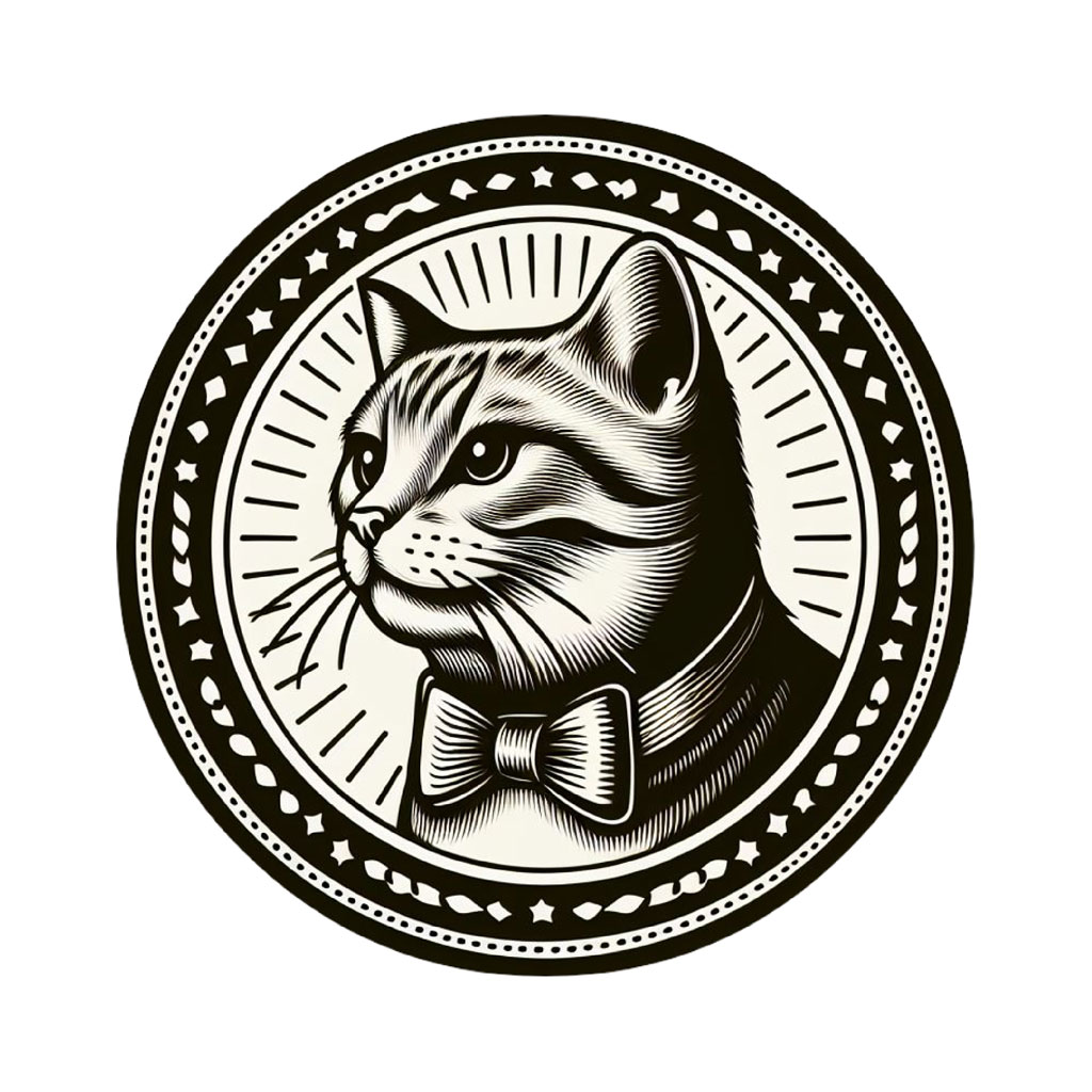 Illustration of an orange tabby cat with yellow eyes, surrounded by blue swirls