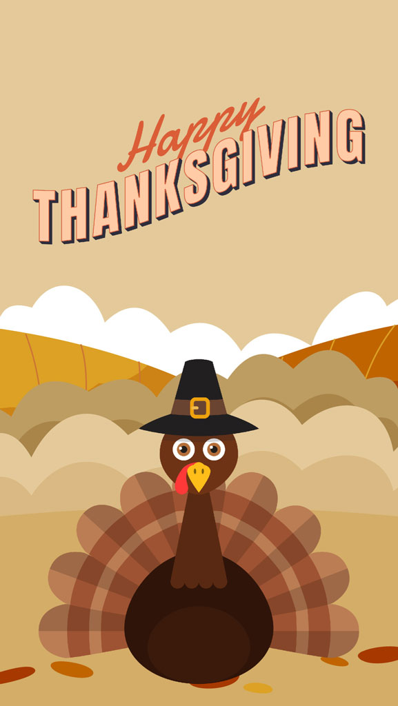 Cartoon turkey in pilgrim hat with 'Happy Thanksgiving' text