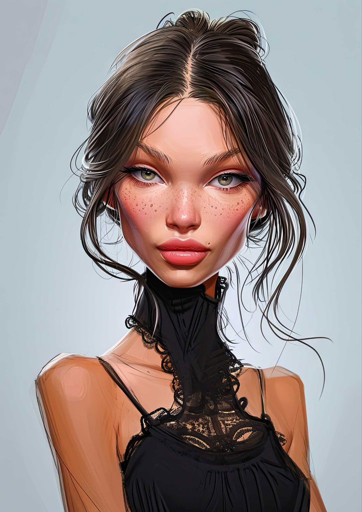 Digital art portrait of a young woman with freckles and dark hair