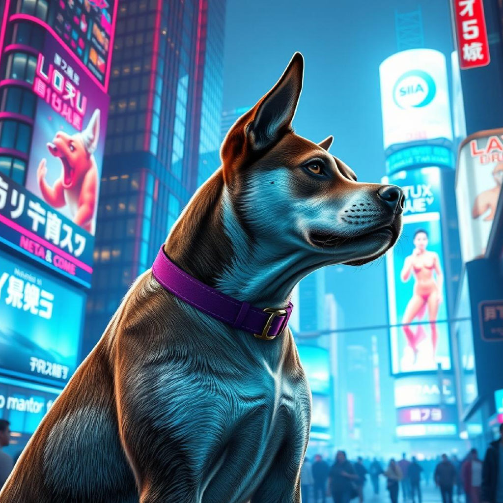 Futuristic city street with neon lights and a flying car