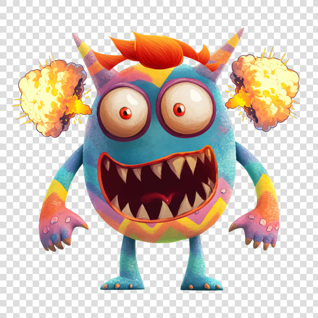 A blue, multicolored cartoon monster with big eyes and sharp teeth, emitting explosions from its armpits